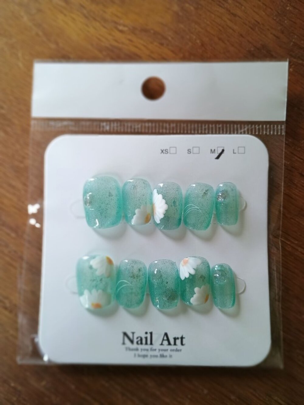 Teal Glitter Daisy Press-On Nails Medium Size Floral Design Set